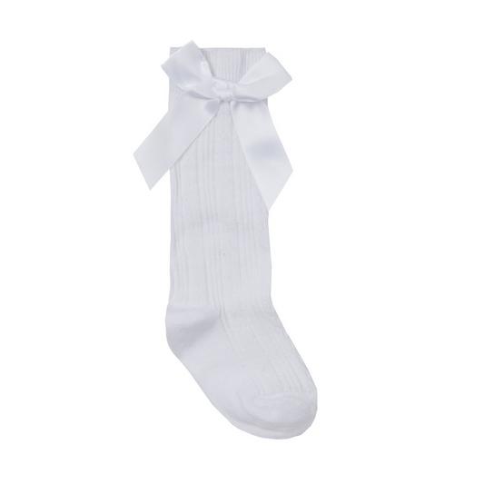 Tick Tock White Knee High Cable Socks With Silky Bow