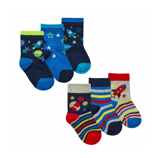 Triple pack of socks from Tick Tock with two assorted space theme design, one blue and one multicoloured