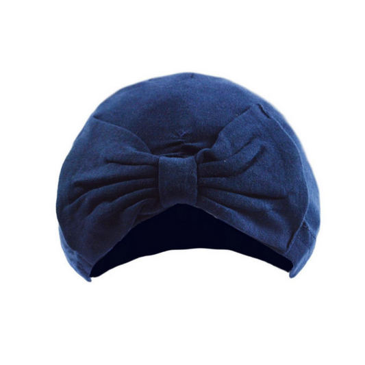 Soft Touch Navy Cotton Turban Hat With Bow on the Front