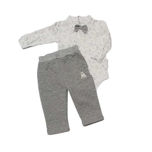 Nursery Time two piece set, collared bodysuit with popper leg fastenings and button fastenings down the front with attached bow tie and grey pants with bear motif